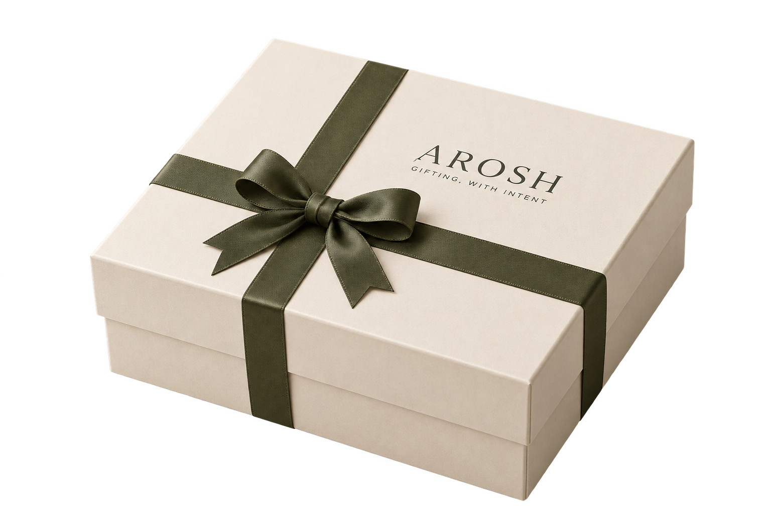 Closed AROSH gift box with olive ribbon