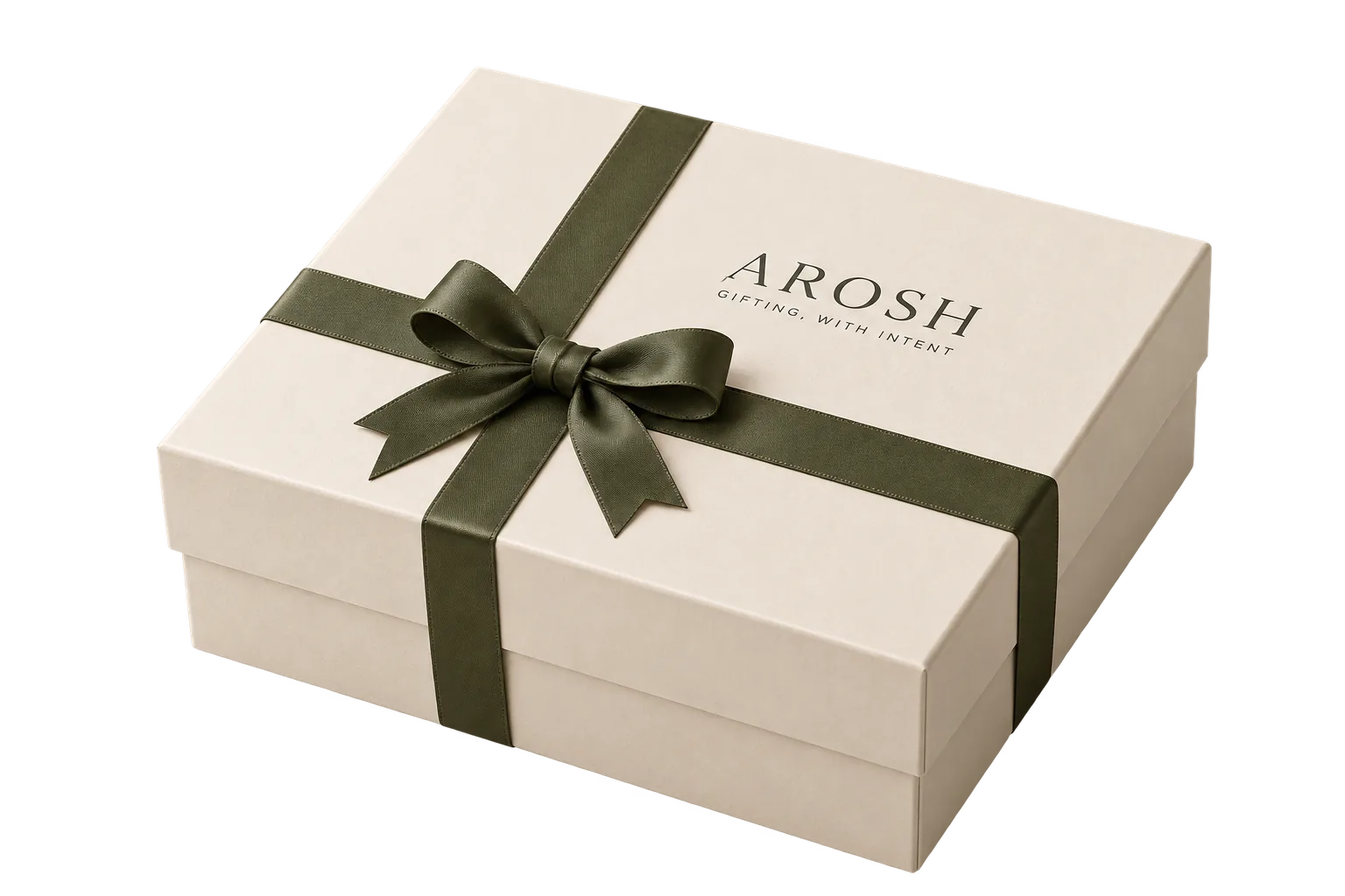 Closed AROSH gift box with olive ribbon