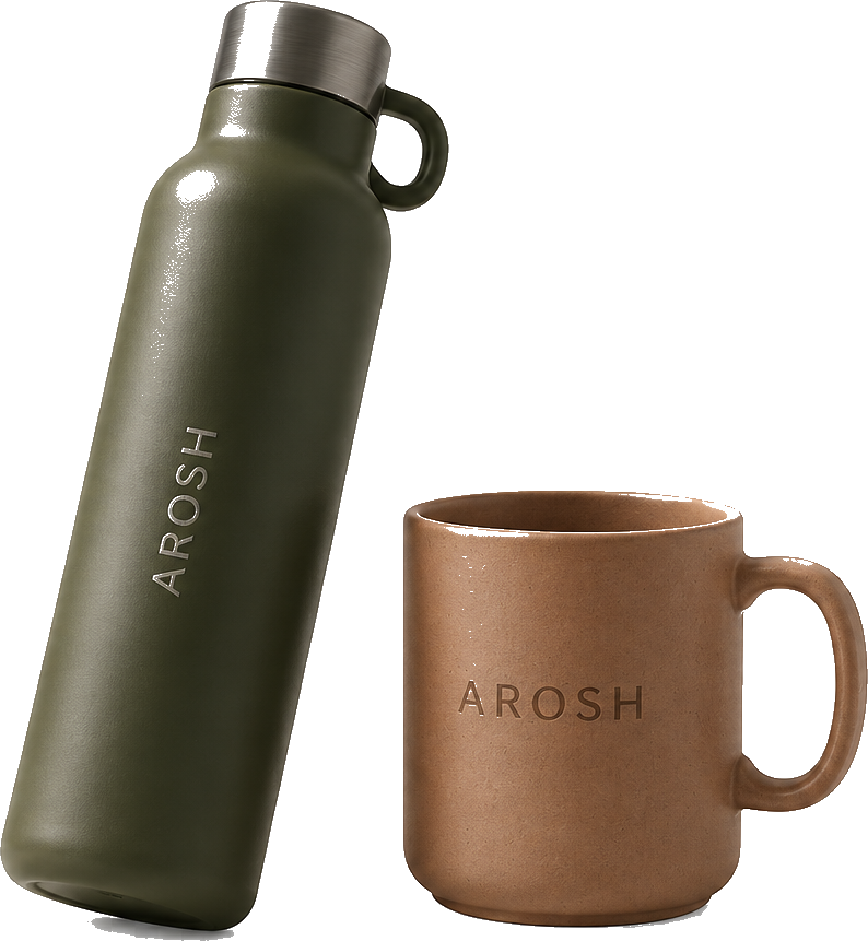 AROSH drinkware bottle and mug